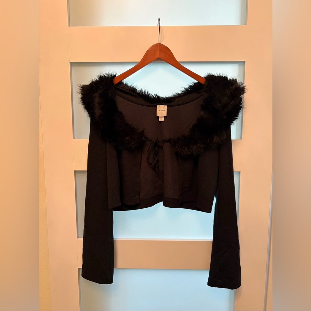 Maeve Anthropologie Black Faux Fur Trim Cropped Cardigan Size Medium